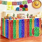 Cinco De Mayo Table Decorations, 2 Pack Fiesta Desk Skirts Supplies, Mexican Theme Metallic Wavy Tinsel Foil Fringe Table Skirts, Rainbow Skirts for Dia De Los Muertos Day Mexico Day of The Dead Decor