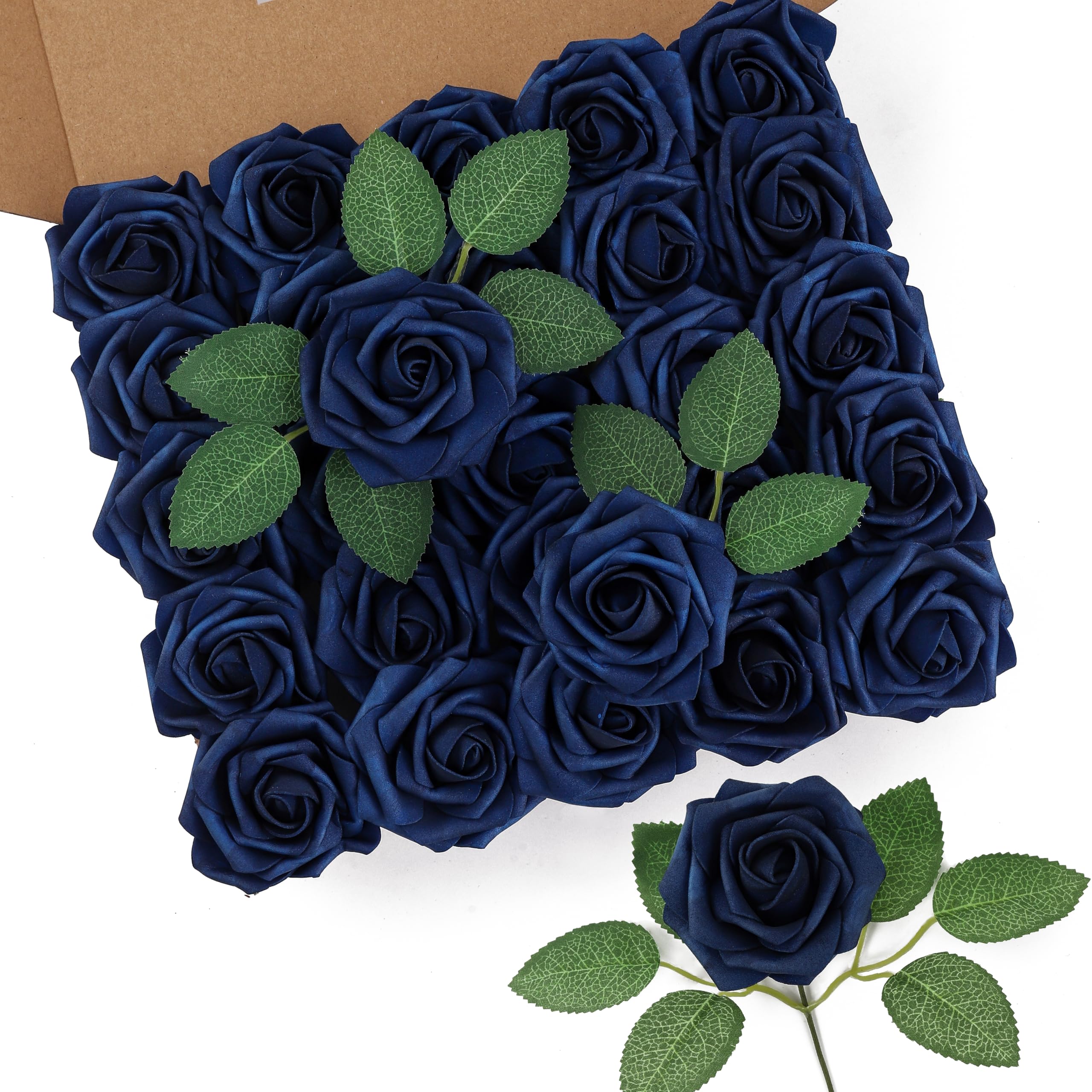 DuHouse 25Pcs Artificial Roses Flowers Fake Rose with Stems Real Touch Foam Flower Head for DIY Wedding Bridal Bouquet Baby Shower Centerpiece Floral Arrangement Party Home Decor(Navy Blue)