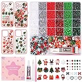 Christmas Junk Case Charms Kit, Christmas Snowman Tree Reindeer Bell Santa Big Charms for Phone Junk Cases, Red Green Pearls and Rhinestones Gems Bedazzling Kit for Crafts Nail DIY Accessories