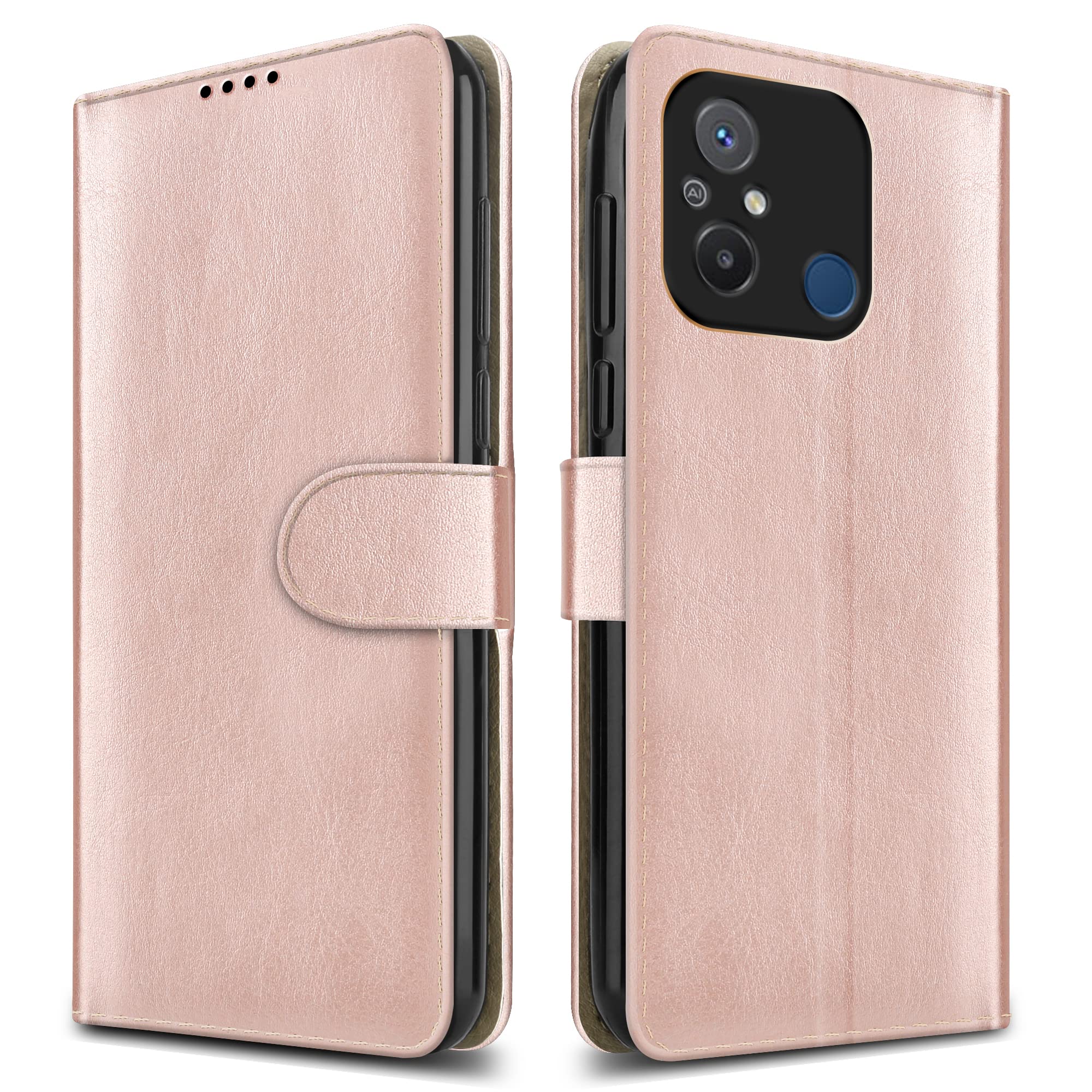 PIXFAB For Xiaomi Redmi 12C Leather Phone Case, Magnetic Closure Full Protection Book Folio Design, Wallet Case Cover [Card Slots] and [Kickstand] For Redmi 12C - Rose Gold