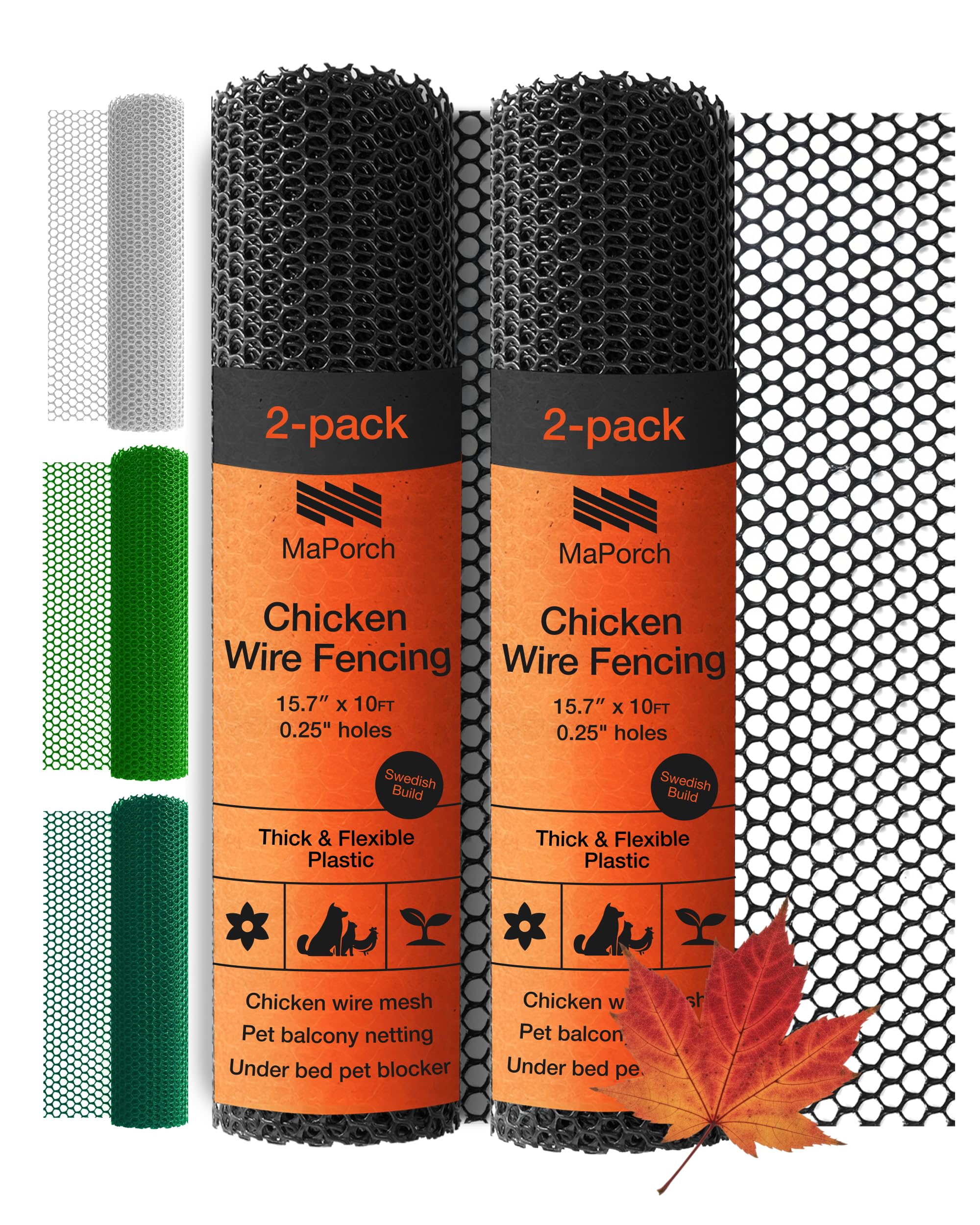 MaPorch Plastic Chicken Wire Mesh Fence - Black Mesh, 15.7 in x 10 ft - Quick-Install Chicken Wire Fencing - Plant Protectors from Animals - Durable Garden Netting - Pet & Poultry Netting (2-Pack) Image