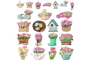 A1diee 45Pcs Spring Easter Ornaments - Hello Spring Flower Tulip Easter Egg Wooded Decorations Farmhouse Hanging Cutout Sign for Holiday Spring Easter Party Home Tree Decoration (Floral)