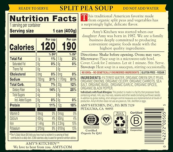 AMY’S SOUP, VEGAN SPLIT PEA SOUP, GLUTEN FREE, MADE WITH ORGANIC VEGETABLES, CANNED SOUP, 14.1 OZ