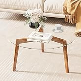 WFSRESTD Glass Coffee Table, Small Round Coffee Tables with Solid Wood Legs, Mid Century Modern Center Table with Glass Top for Small Spaces, Living Room, 31.5x31.5x15.4