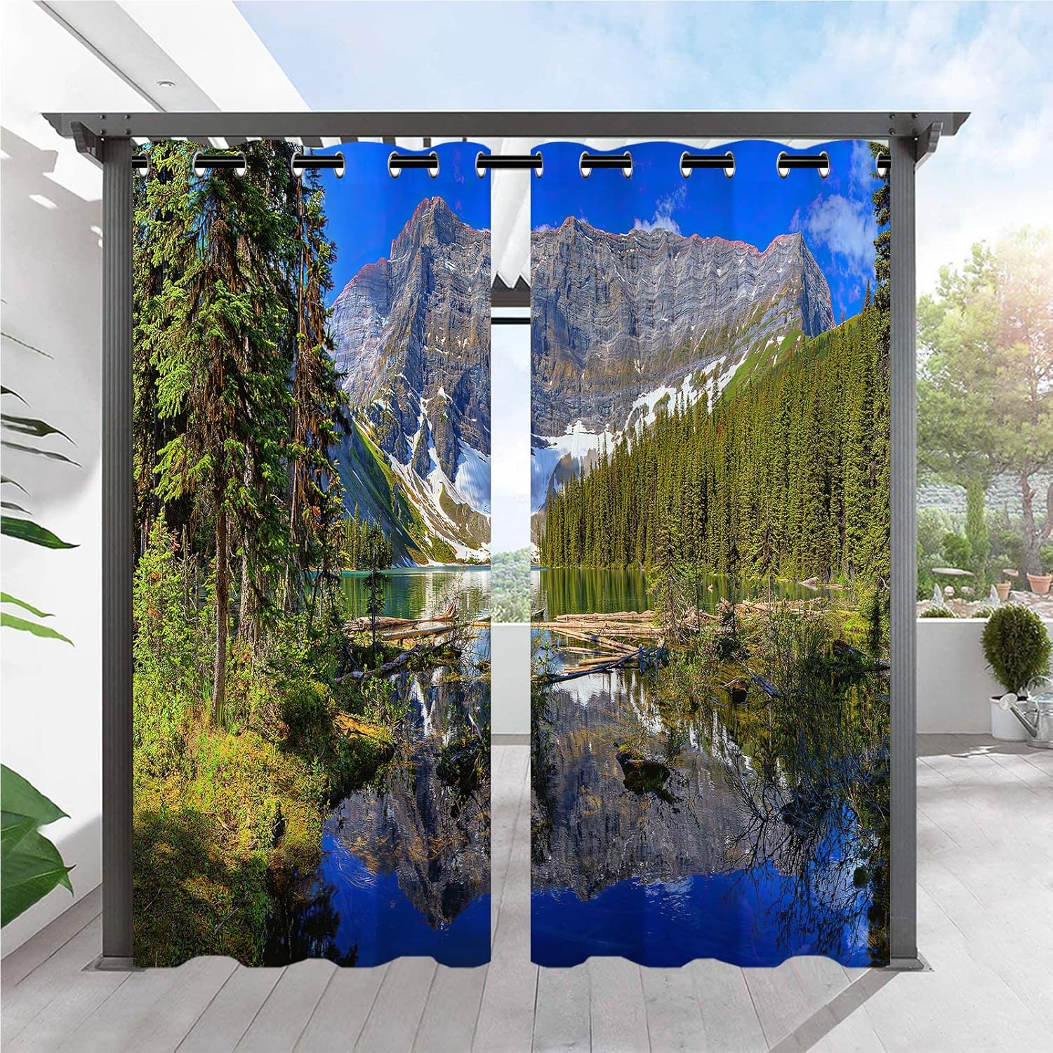 Outdoor Curtains - ANHOPE Outdoor Curtains, Grommet Waterproof Window Curtain Panels with Nature Landscape Mountain Lake Print Pattern, Privacy Curtains for Patio/Pergola/Gazebo/Porch/Cabana/Deck, 2 Panels, 36 x 84 Inch