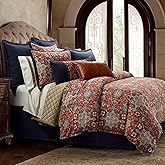 HiEnd Accents Washed Linen Melinda 3 Piece Floral Comforter Set, King Size, Red Navy Blue Medallion Bedding, Classic Western Modern Rustic Lodge Style, Flower Linen Comforter with Pillow Shams