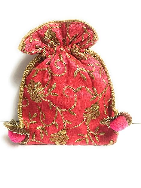 Women's Cotton Ethnic Clutch Potli Batwa Pouch Bag with Zari and Sequence Work (Pink)