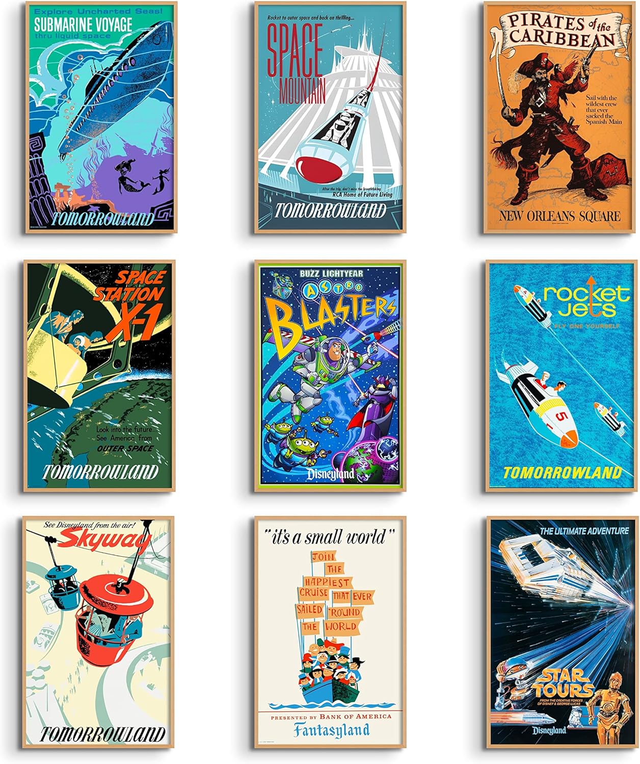 Wall Décor - Vintage Disney Posters, Space Mountain, Pirates of the Caribbean, Its a Small World, Star Tours, Astro Blasters, Disney Ride Reproduction Wall Art 11x17 set of 9 Disney Ride Posters for Wall