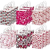 Chivertion 150 Pcs Valentine's Day Gift Bags with Handle Bulk Galentines Heart Paper Goodie Treat Bags for Valentines Galentines Day Party Favors Gift Wrapping Supplies 6 Style, 8 x 6 x 3 Inches