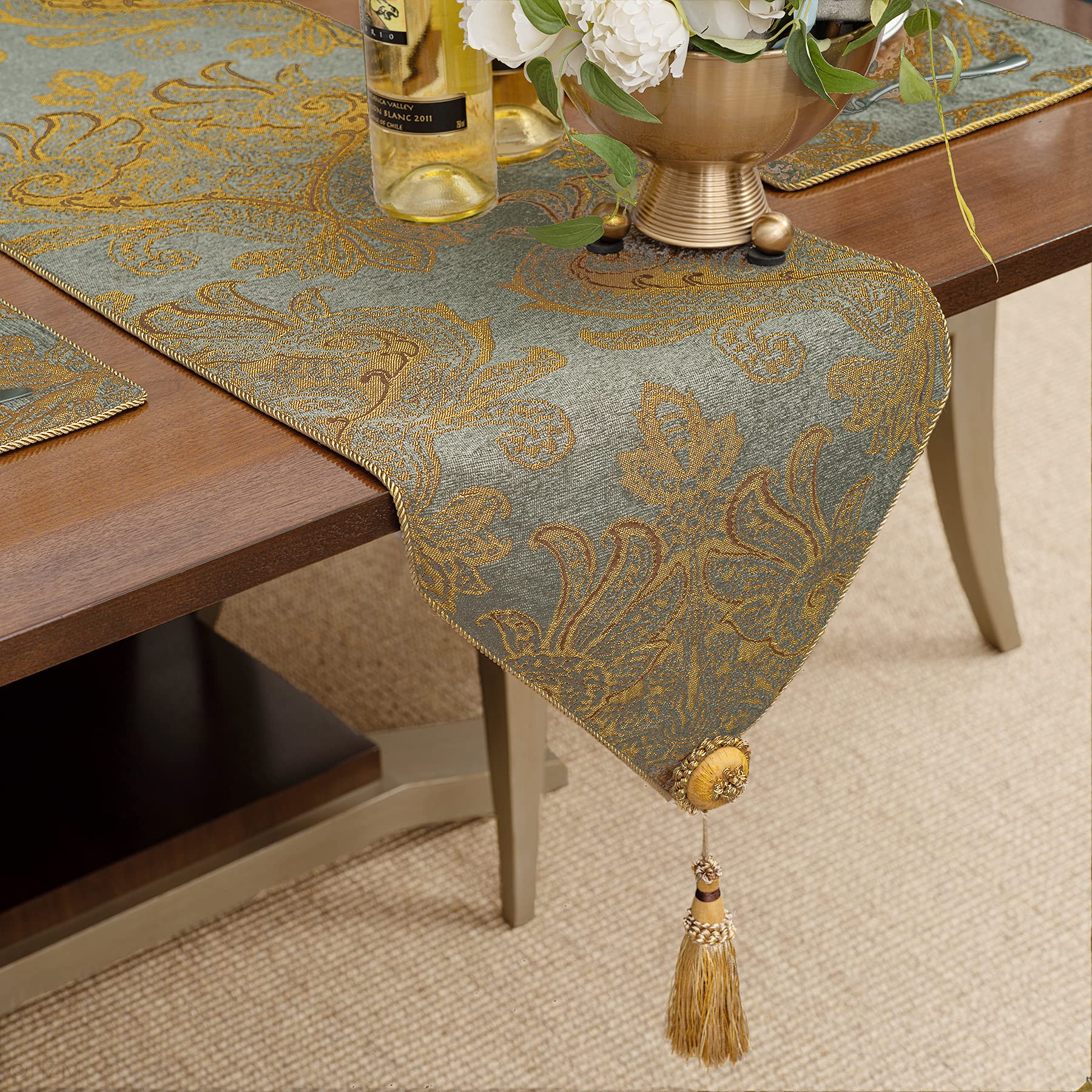 TOPLUXE Table Runner with Tassels, Luxury Damask Table Runner for Dining Room/Restaurant/Banquet/Festival Decoration (33x228cm, Blue)