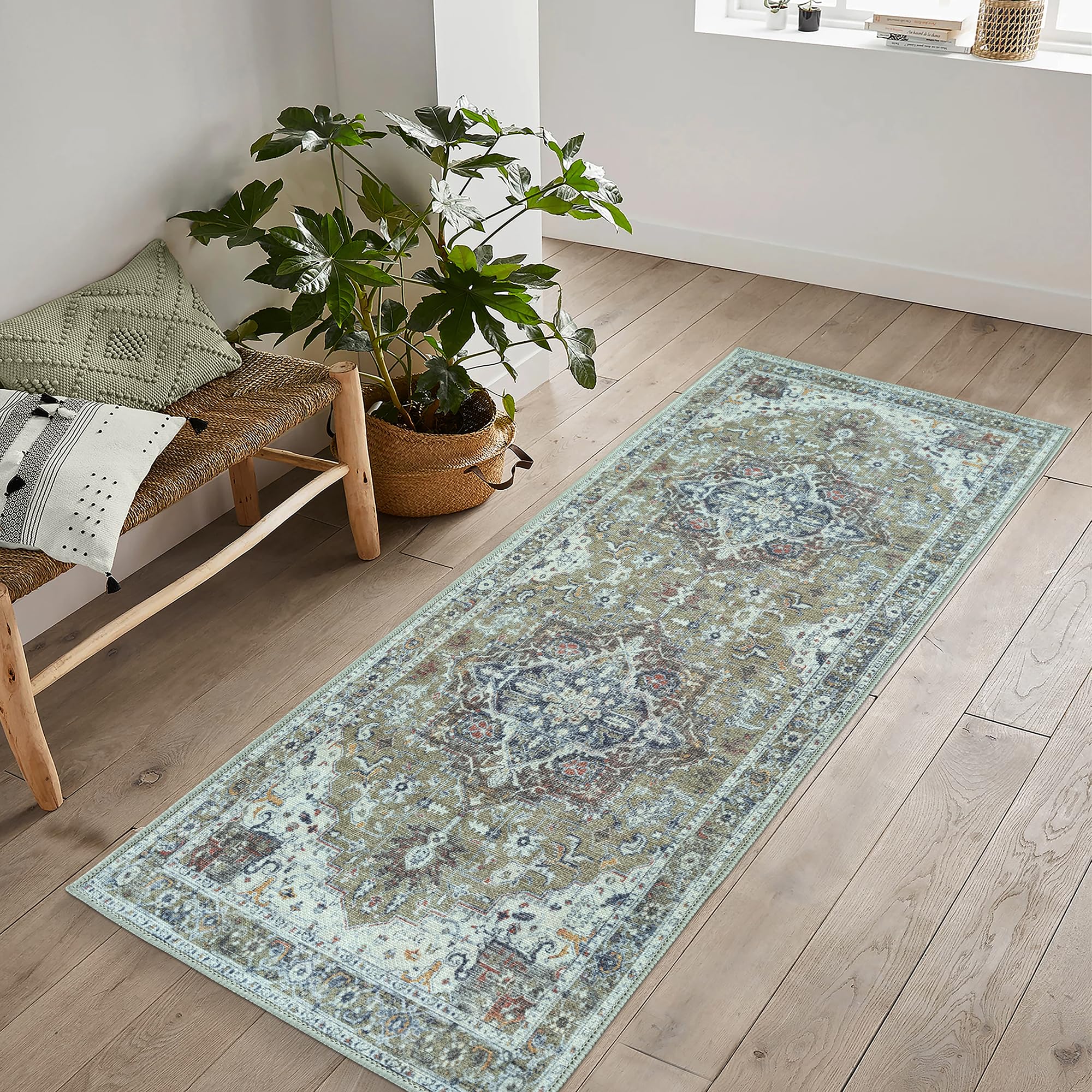 artyrugs Machine Washable Rug, 60x110cm, 75% Recycled Cotton, Short Pile, Non-Slip Backing, Non-Shedding, Suitable for Bedroom, Kitchen, Hallway, Office, Runner, Brook Sage & Blue