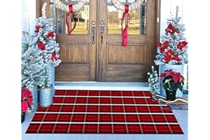 BUAGETUP Christmas Front Porch Rugs 24 x 51''Black Red Plaid Outdoor Rug Hand-Woven Washable Indoor/Outdoor Holiday Layered Door Mats for Entryway/Bedroom/Outdoor