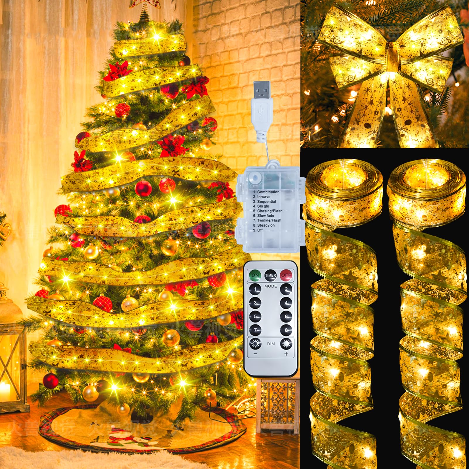 Photo 1 of JEAYYDSI Christmas Tree Decorations 33FT 100 LED 8 Modes IP44 Waterproof Christmas Ribbon String Lights with Timer Led Christmas Ribbon for Holiday Party Xmas Tree Decor(Warm White)