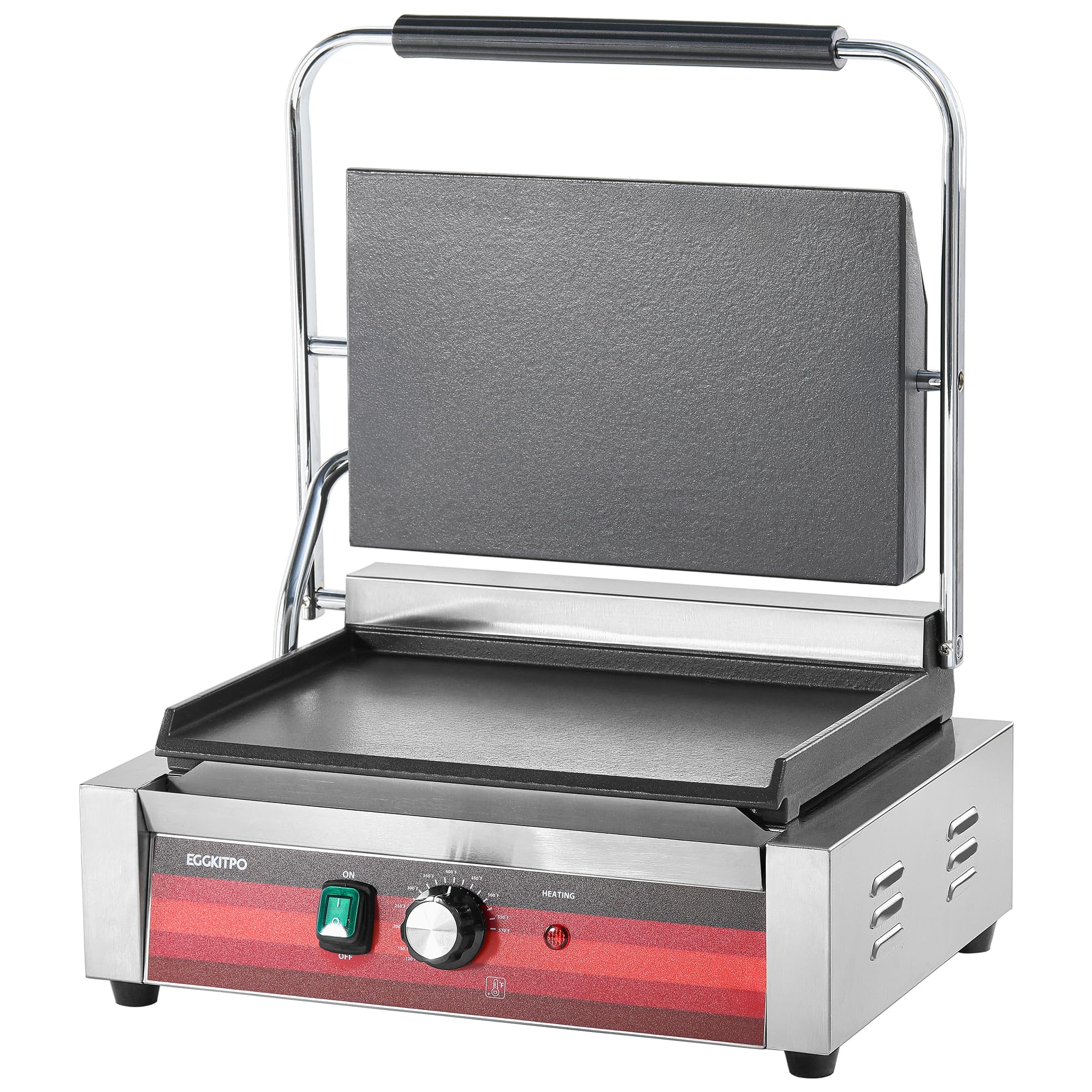 Photo 1 of EGGKITPO Commercial Electric Panini Grill with Flat Plates Stainless Steel Sandwich Maker 14"× 9.5" Cast Iron Enamel Plate Countertop Panini Press with Temperature Control for Business 110V 1700W