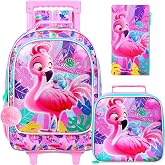 gxtvo Girls Rolling Backpack, Cute Flamingo Roller Wheels Kids Bookbag - Wheeled Elementary School Bag - 3PCS Flamingo