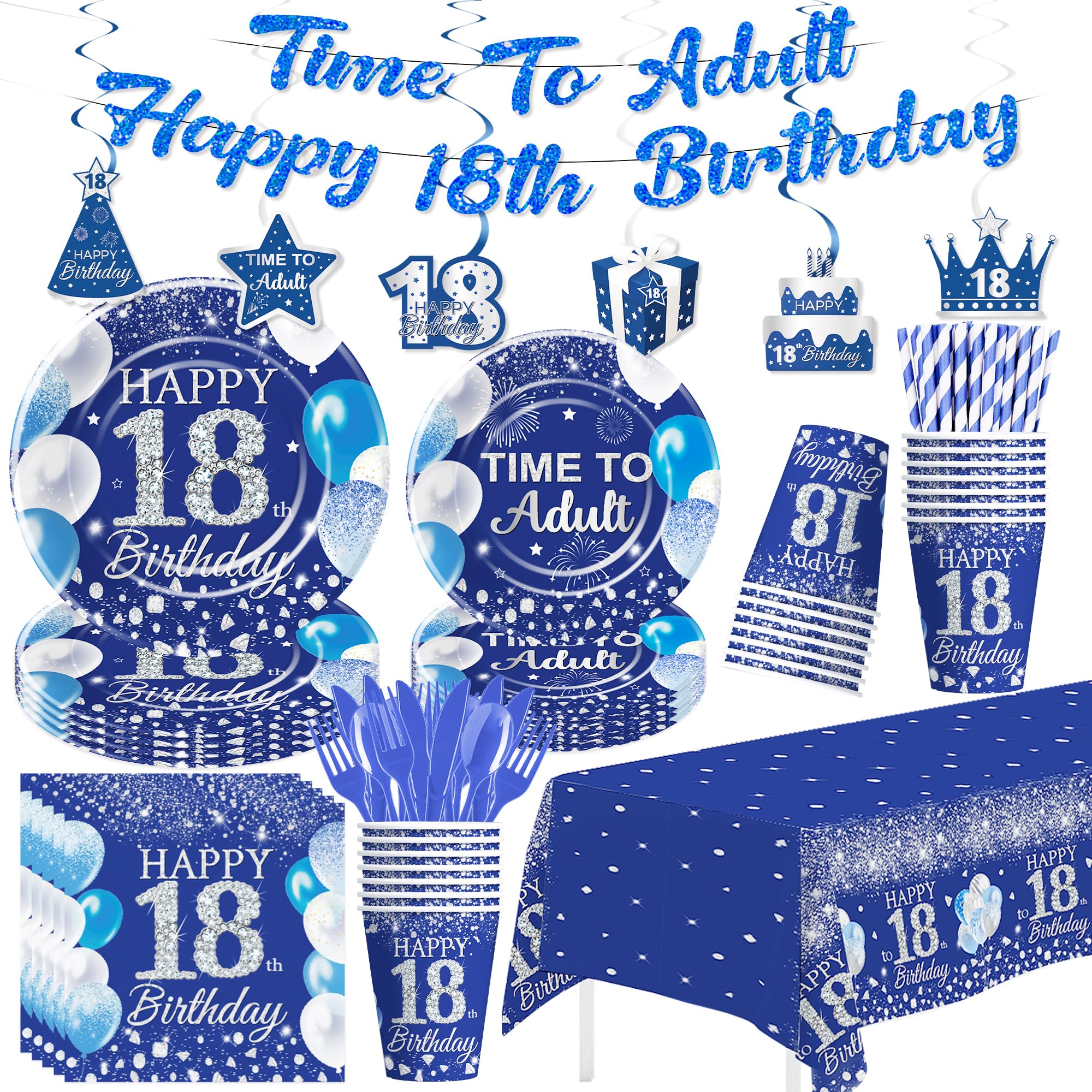 Photo 1 of HIPVVILD Blue 18th Birthday Decorations for Boys, Silver Blue Time To Adult Happy 18 Year Old Birthday Party Supplies, Paper Plates and Napkins, Cup, Banner, Tablecloth, Swirls, Cutlery, Serves 24