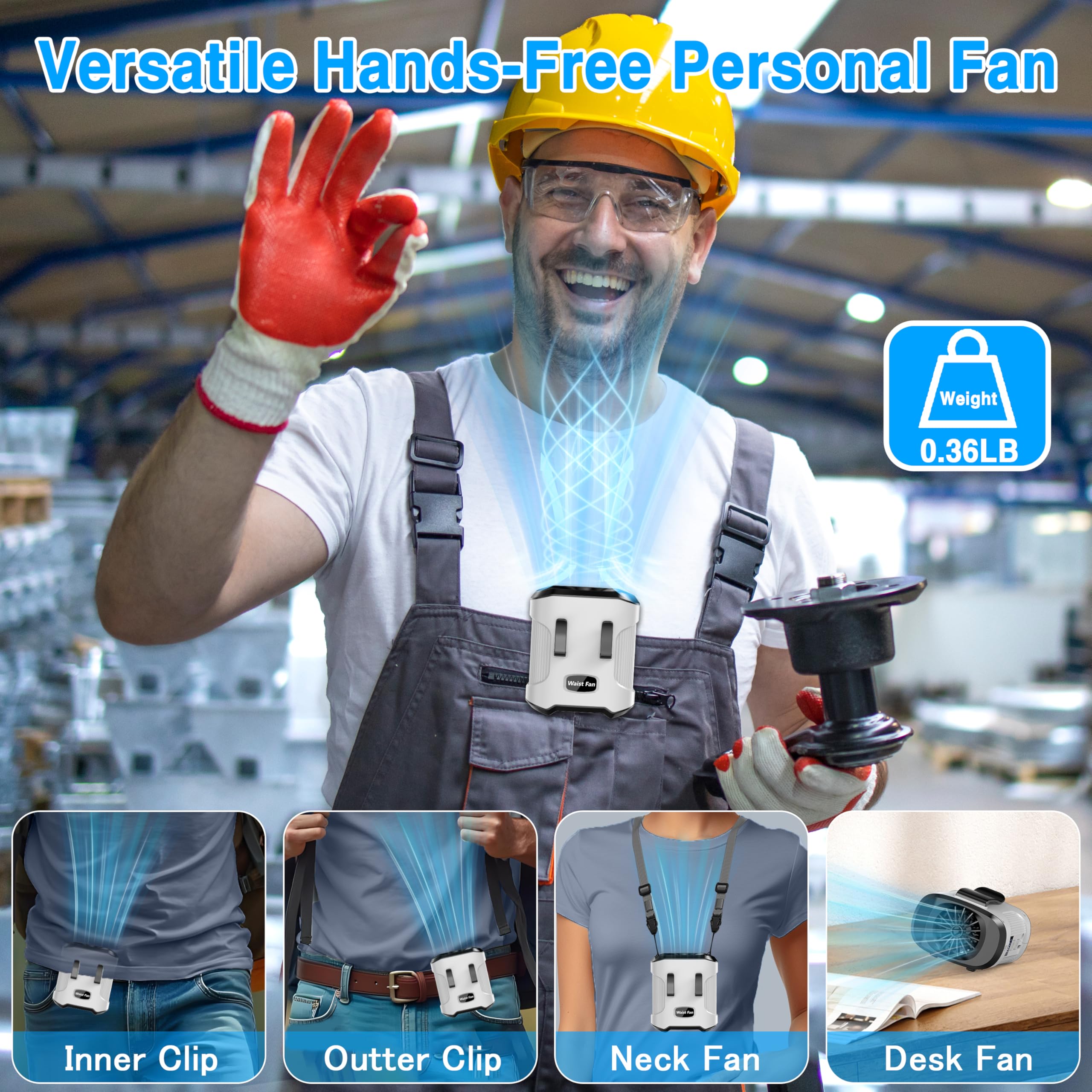 Sunoony Waist Fan Clip on Shirt Belt Body Wearable Hand-Free Rechargeable Battery Powered Fan with 3 Speed & Flashlight Cooling Portable Neck Fan for Outdoor Camping Travel