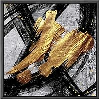 SIGNWIN Framed Canvas Wall Art Black, Gold, Grey Lines and Color Blocks Abstract Brushstroke Oil Painting Modern Art Chic Expressive for Living Room, Bedroom, Office - 16x16 inches
