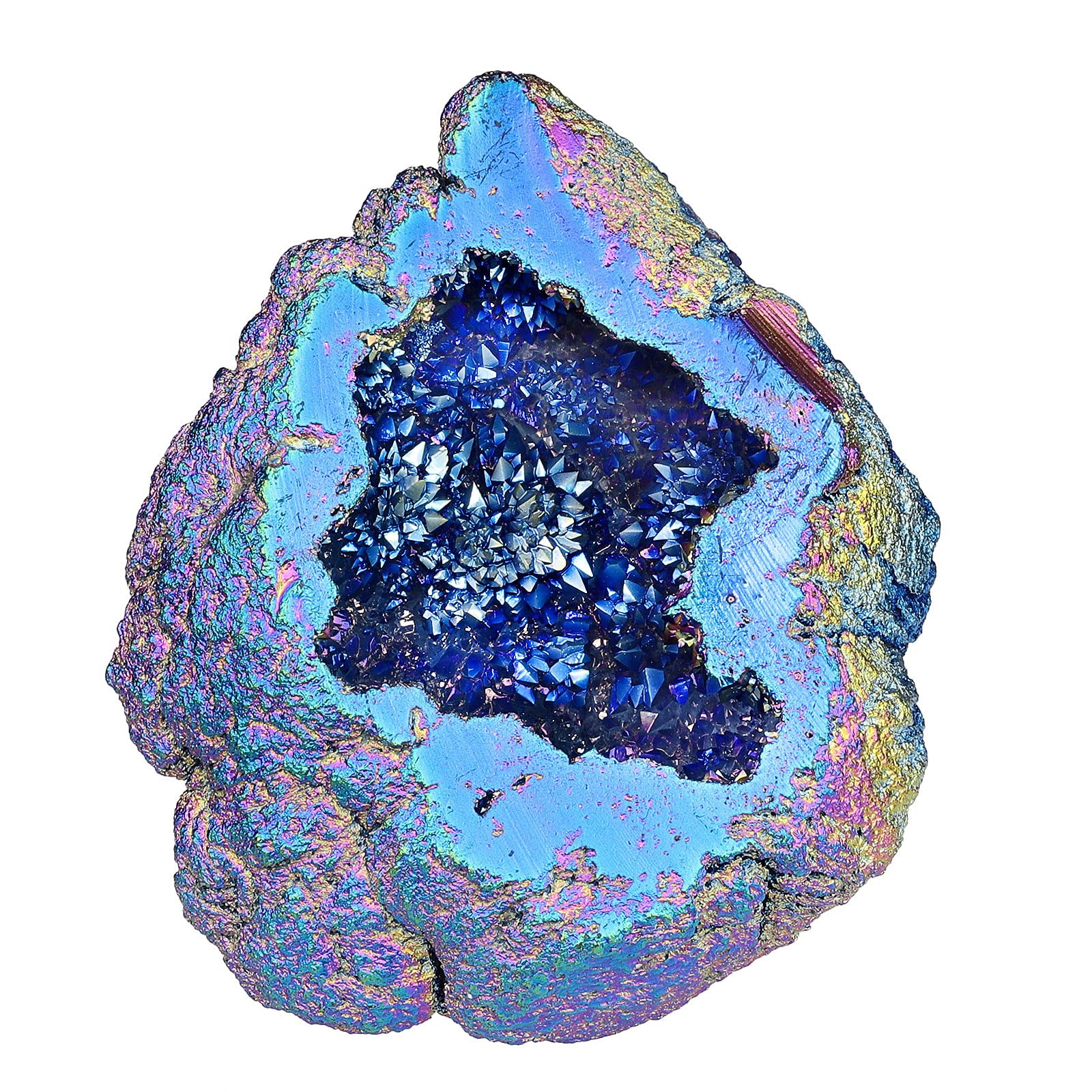 Nupuyai Angel Aura Quartz Geode Stone, Titanium Coated Natural Rock Crystal Cluster Specimen for Reiki Healing Home Decor 100-200g, Blue