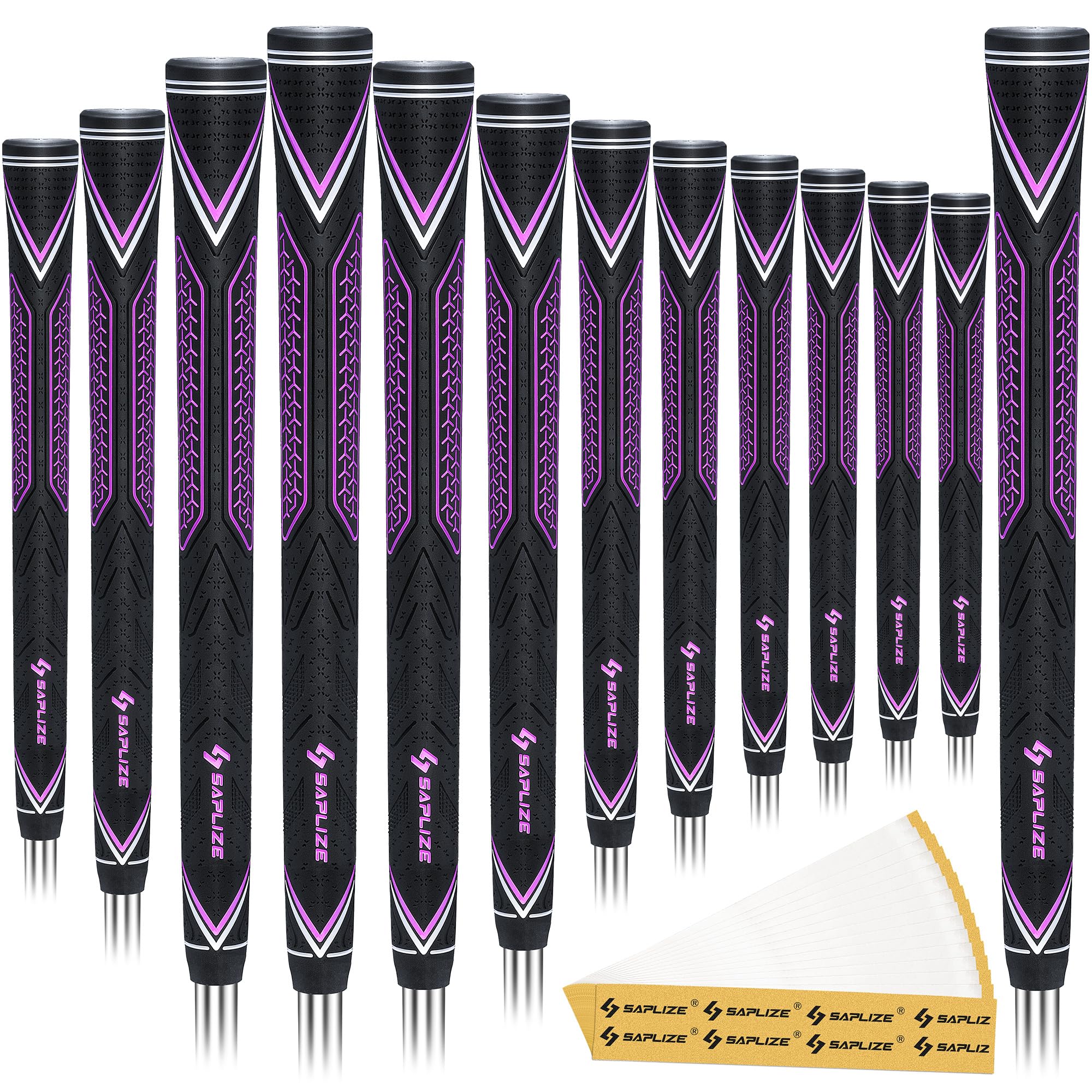 SAPLIZE High-performance Rubber Golf Grips 13 Pack, High Shock Absorption, Non-slip, Choose from 13 Grips with 15 Tapes or Full Regripping Kit, Std/Mid/Jumbo, CC10 Series, Oversize, Purple Image