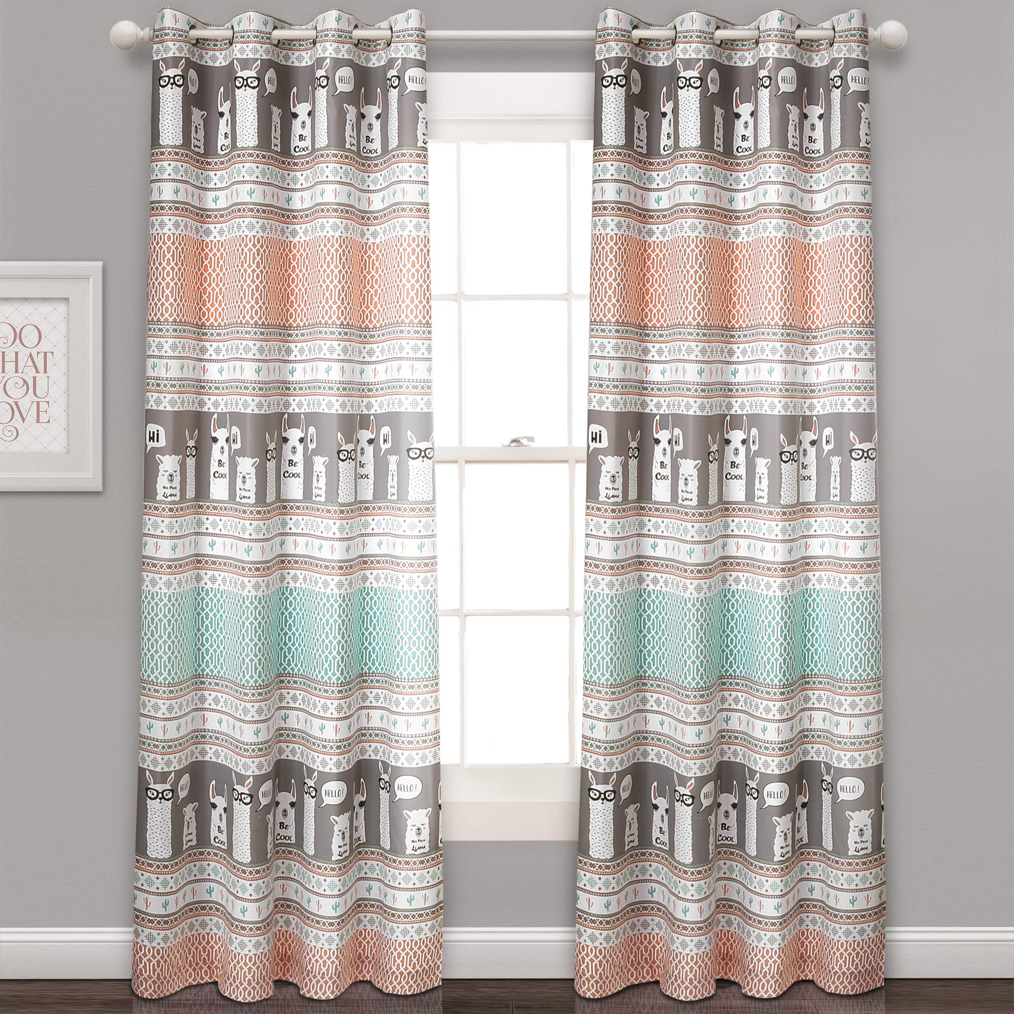 Lush Decor Curtains Pattern Room Darkening Window Panel Set for Living, Dining, Bedroom (Pair), Turquoise & Pink, 52" W x 84" L (Pack of 2)
