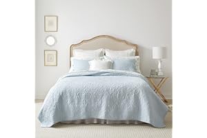 Laura Ashley King Size Quilt Set Cotton Reversible Bedding with Matching Shams, Ideal for All Seasons & Pre-Washed for Added Softness, Breeze Blue