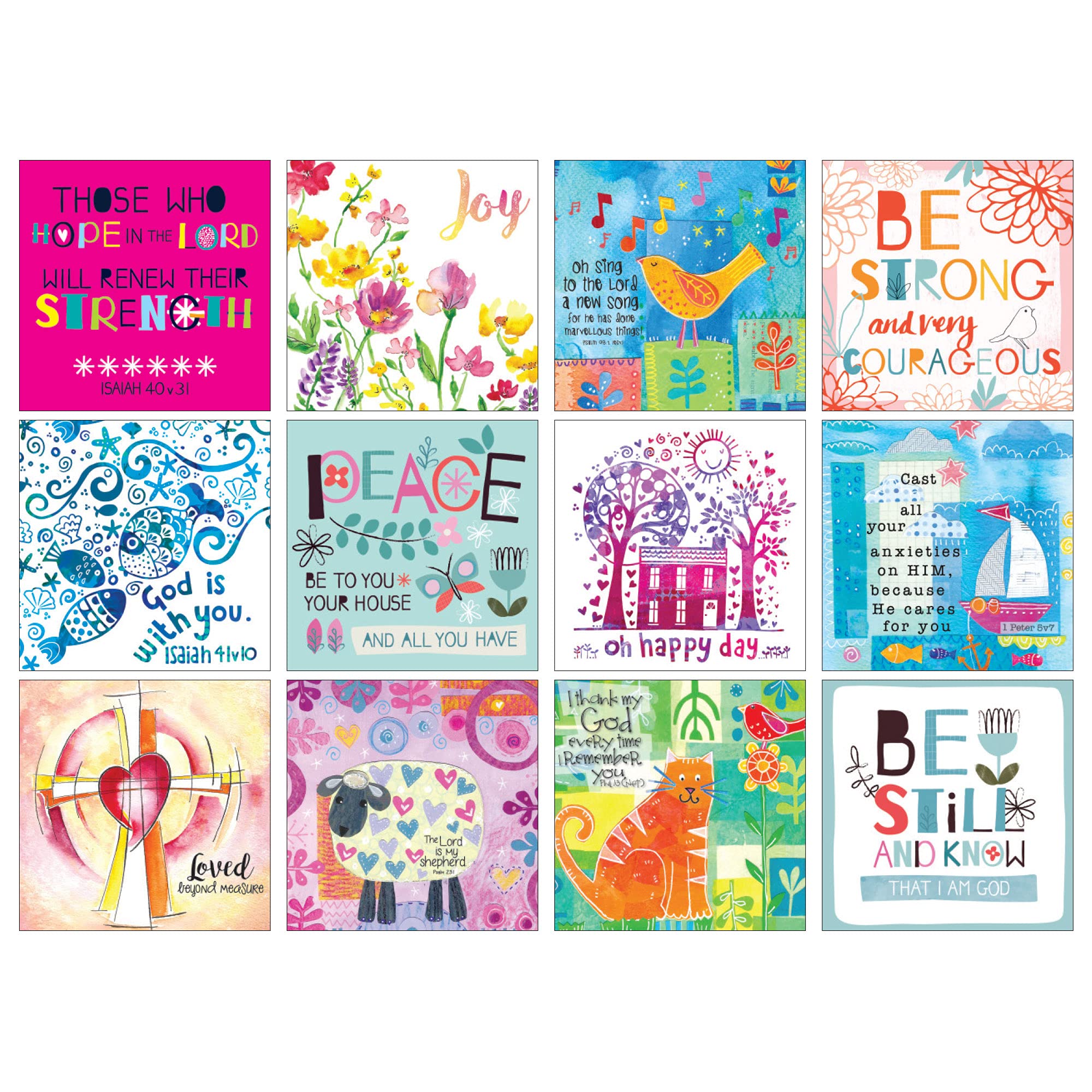 Christian notelets with envelopes - 12 Christian Cards, with Bible quotes or encouraging words on the front. Blank inside for your own message. Cards 11x11cm in size, by Just Cards Direct