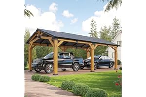 Jocisland 12x24x9.5 FT Cedar Wood Hardtop Carport with Galvanized Steel Roof, Waterproof Outdoor Gazebo Pavilion, Heavy-Duty Snow & Wind Resistant Canopy for Patio, Driveway, Garden