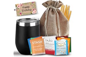 MERCATO DI BELLINA Bellina Tea Gift Baskets for Women and Men - Birthday Collection - Insulated Cup, 20 Premium Teas, 10 Honey Straws, Gift Tag & Bag