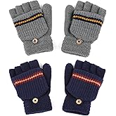 F Flammi Kids Winter Knitted Mitten Gloves Convertible Fingerless Gloves with Cover for Teen Boys Girls Aged 5-10, 2 Pairs