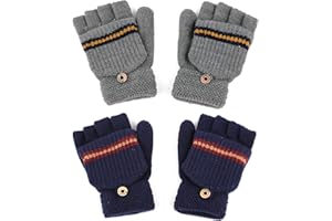 F Flammi Kids Winter Knitted Mitten Gloves Convertible Fingerless Gloves with Cover for Teen Boys Girls Aged 5-10, 2 Pairs