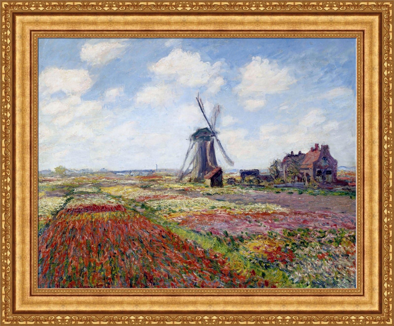 Forever Art Gallery Claude Monet Fields of Tulip with The Rijnsburg Windmill Framed Canvas Giclee Print - Finished Size (W) 34.1'' x (H) 28.1'' [Gold] (V14-22K-MD535-01)