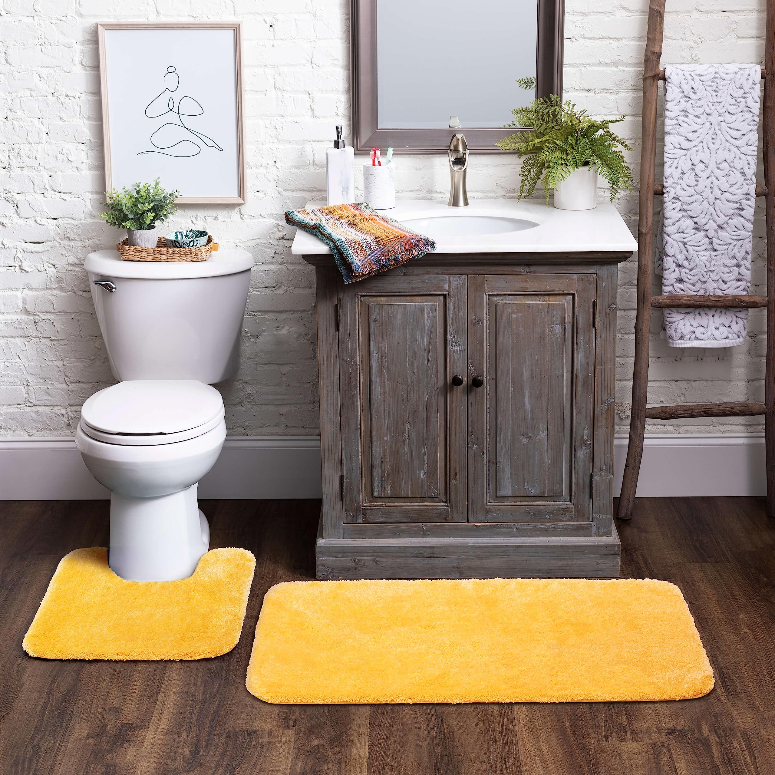 Mohawk Home Goliath Machine Washable Bath Mat Set: 20″ x 34″, 20″ x 24″ Contour Yellow