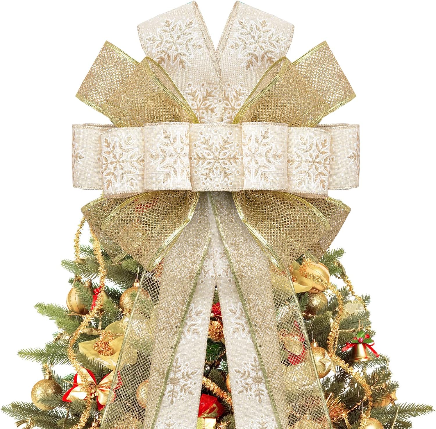 Tree Toppers - GOGOSY Christmas Tree Topper Bow,48''x 13'' Glitter Satin Large Christmas Wreath Bows Xmas Ornaments with Long Burlap Streamer and Mesh Wired Edge Ribbon for Thanksgiving,Christmas Decoration(Gold)