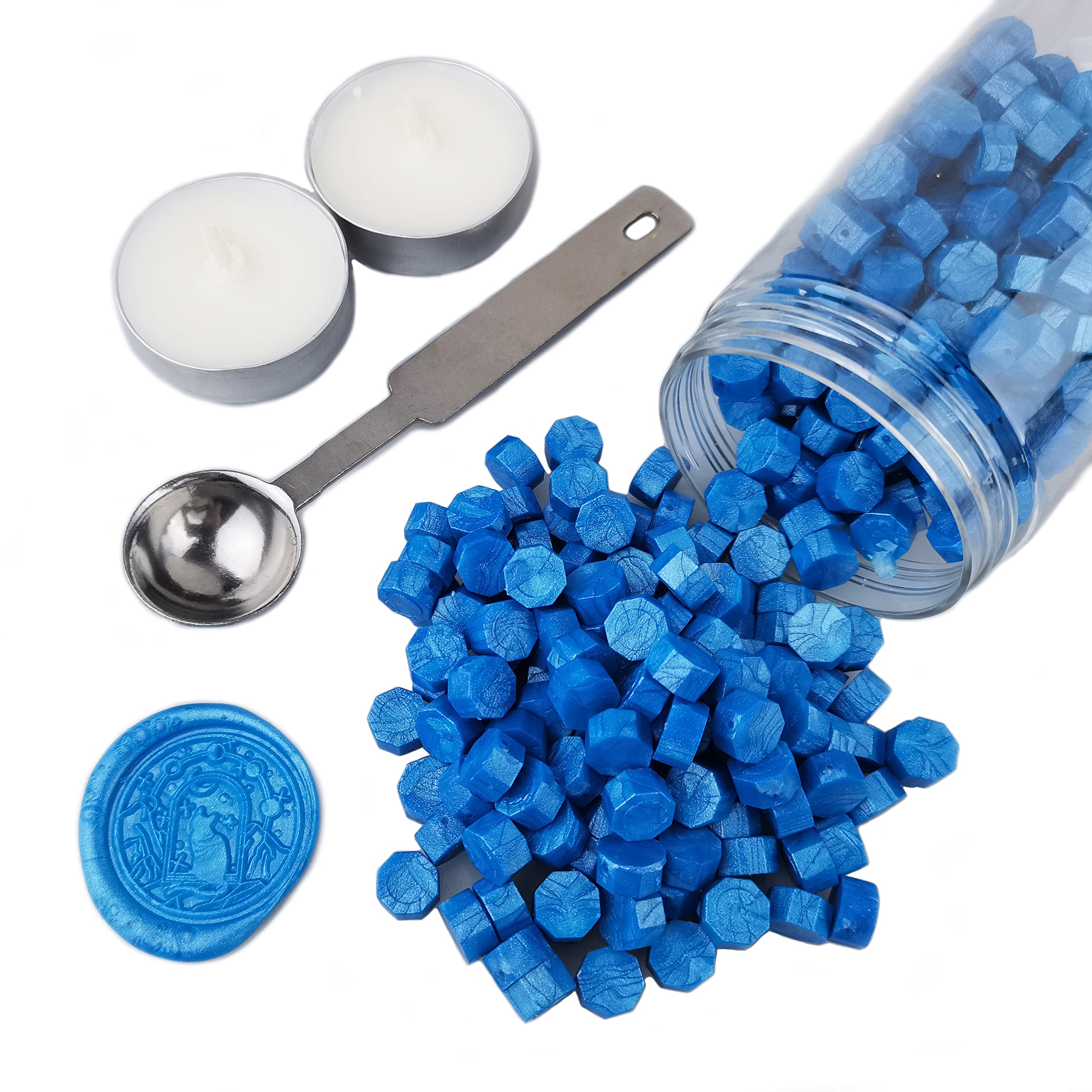 Sealing Wax Beads, AMTOL 300 Pcs Wax Sealing Beads with 2 Pcs White Candles and 1 Pcs Wax Melting Spoon, Great for Wedding Invitations,Cards Envelopes, Gift Wrapping (Sky Blue)