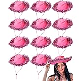 Mepase 12pcs Cowgirl Hat Plastic Western Cowboy Hat Bulk with Tinsel for Women Wedding Bachelorette Costume Party Accessories(Pink)