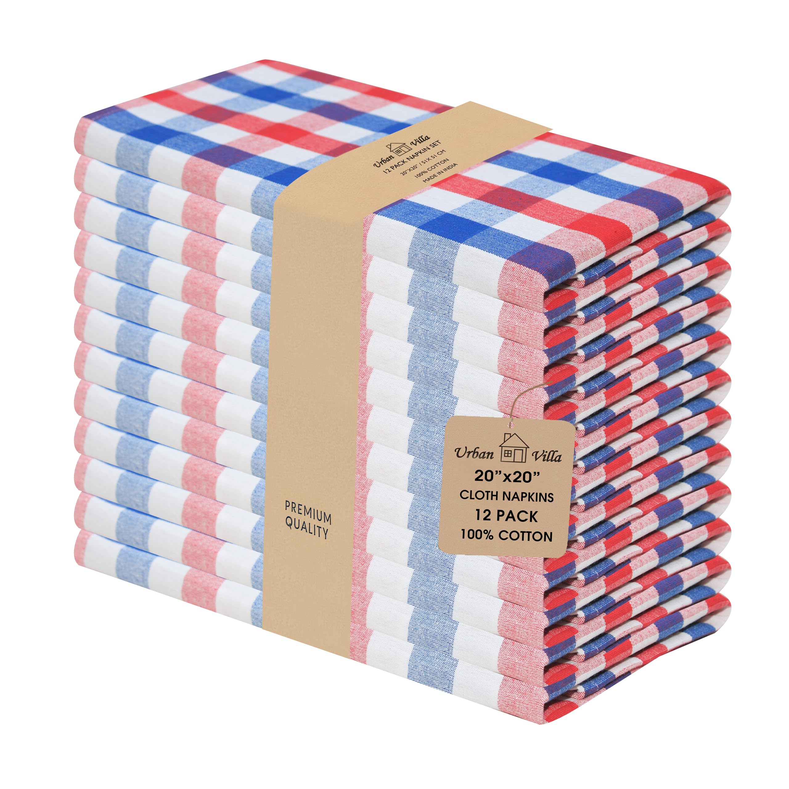 Urban Villa Dinner Napkins, Everyday Use, Premium Quality,100% Cotton, Set of 12, Size:51x51 CMS, Red/Blue/White Over sized Cloth Napkins with Mitered Corners, Ultra Soft, Durable Hotel Quality