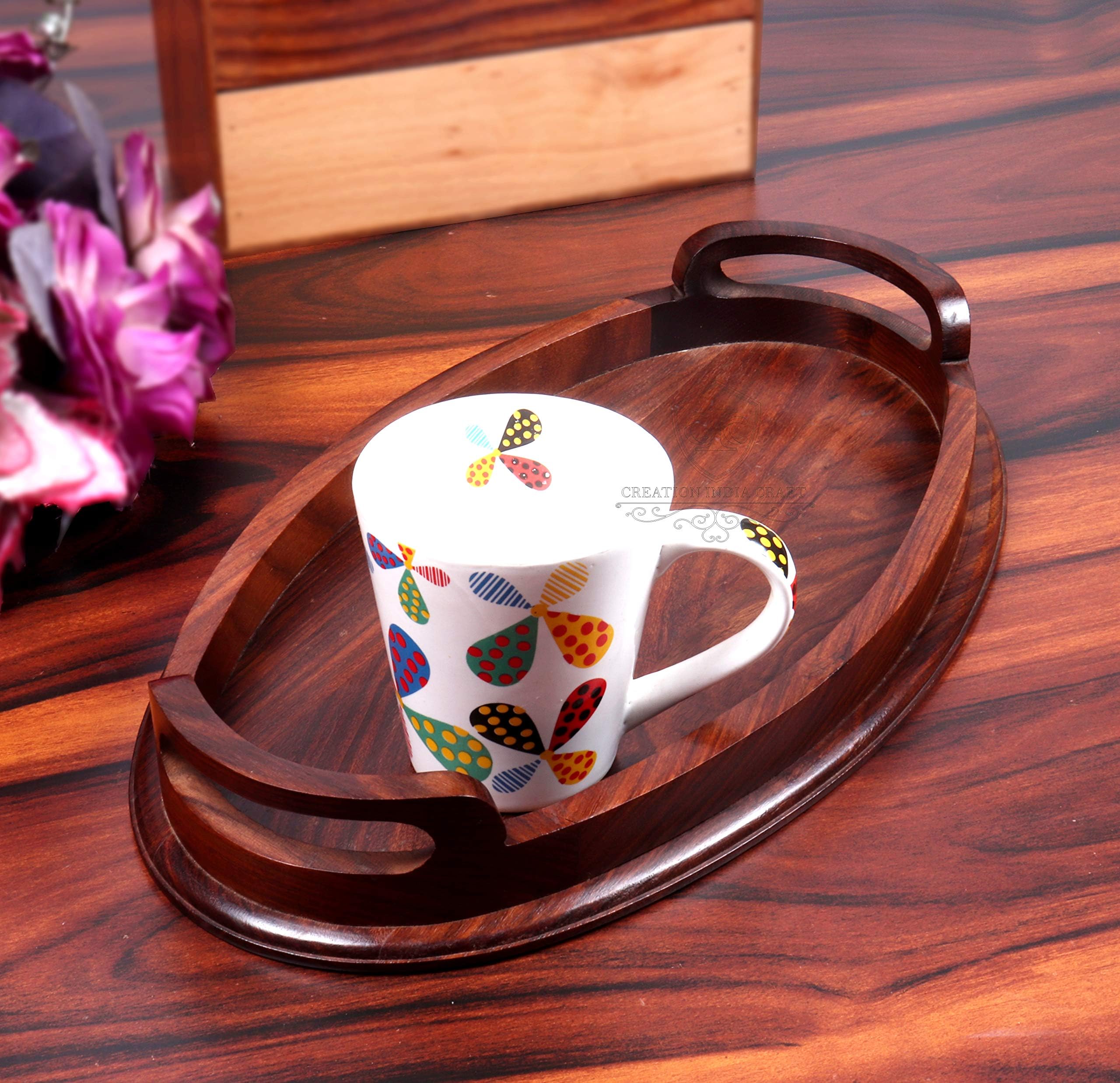 Creation India Craft Sheesham Wood Serving Trays for Dining Table Oval Shape Tray for Breakfast Coffee Serving Tray Table Decor, Gifts, Pack of 1