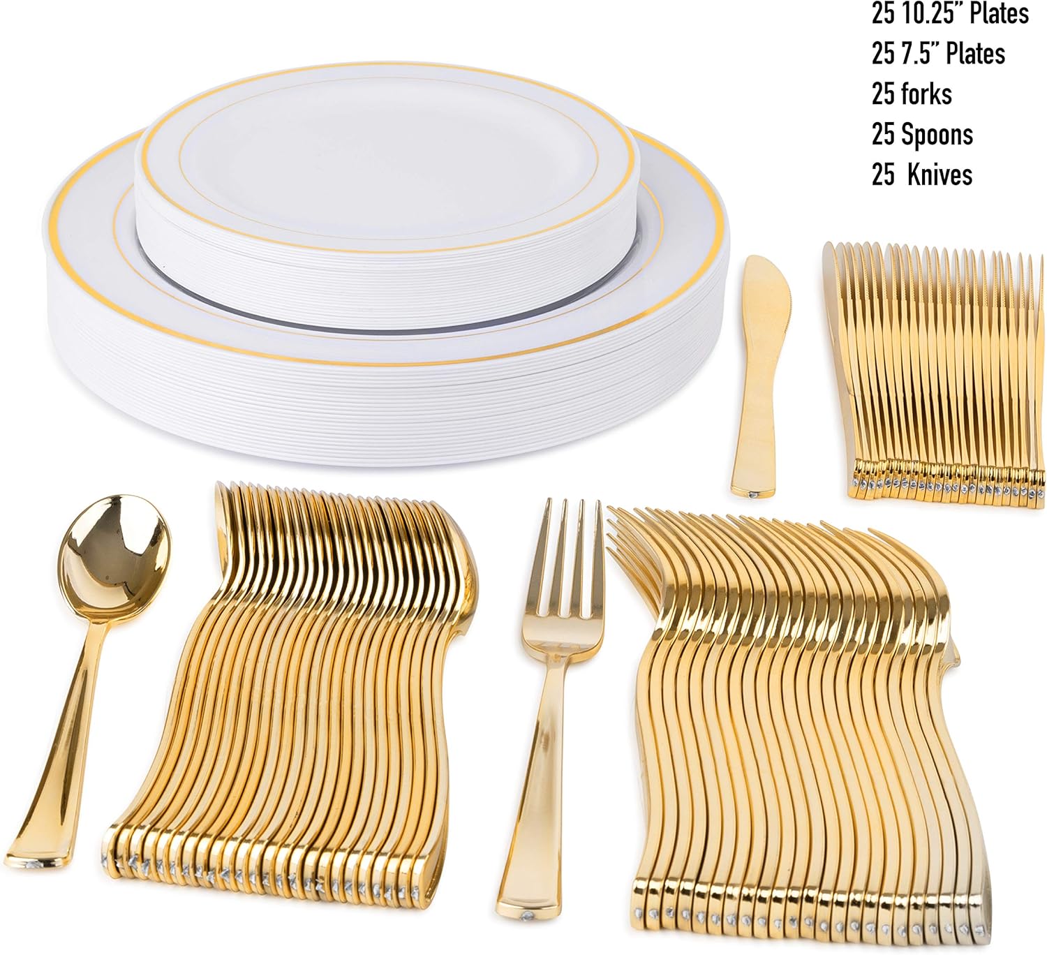 125 Disposable Plastic Plates for Parties Set | 25 10&rdquo; Dinner Plates, 25 7&rdquo; Salad/Dessert Plate, 25 Forks, 25 Knives, 25 Spoons | Excellent for Weddings, Bridal Showers, Birthday & More | Gold