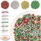 600 Pieces Christmas Beads, 8mm Assorted Round Metallic Red Green Gold Silver Christmas Beads with Elastic String for Home Decor Necklaces Bracelets Earrings DIY Crafts (Colorful)