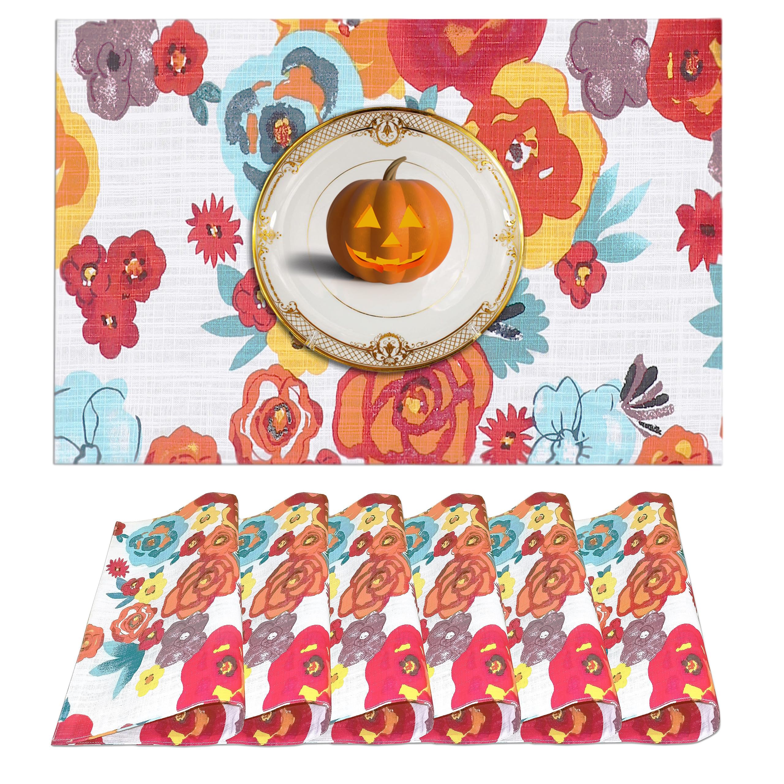 Ruvanti Placemats - 100% Cotton, 13x19 Inch, Set of 6, Modern Flower Design for Dining Table Decor, Kitchen & Table Linens, Perfect for Christmas Dinners