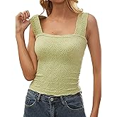 PICPUNMAK Women Square Neck Wide Straps Crop Tank Tops Flower Lettuce Trim Crop Vest Slim Fitted Sleeveless Cropped Cami Top