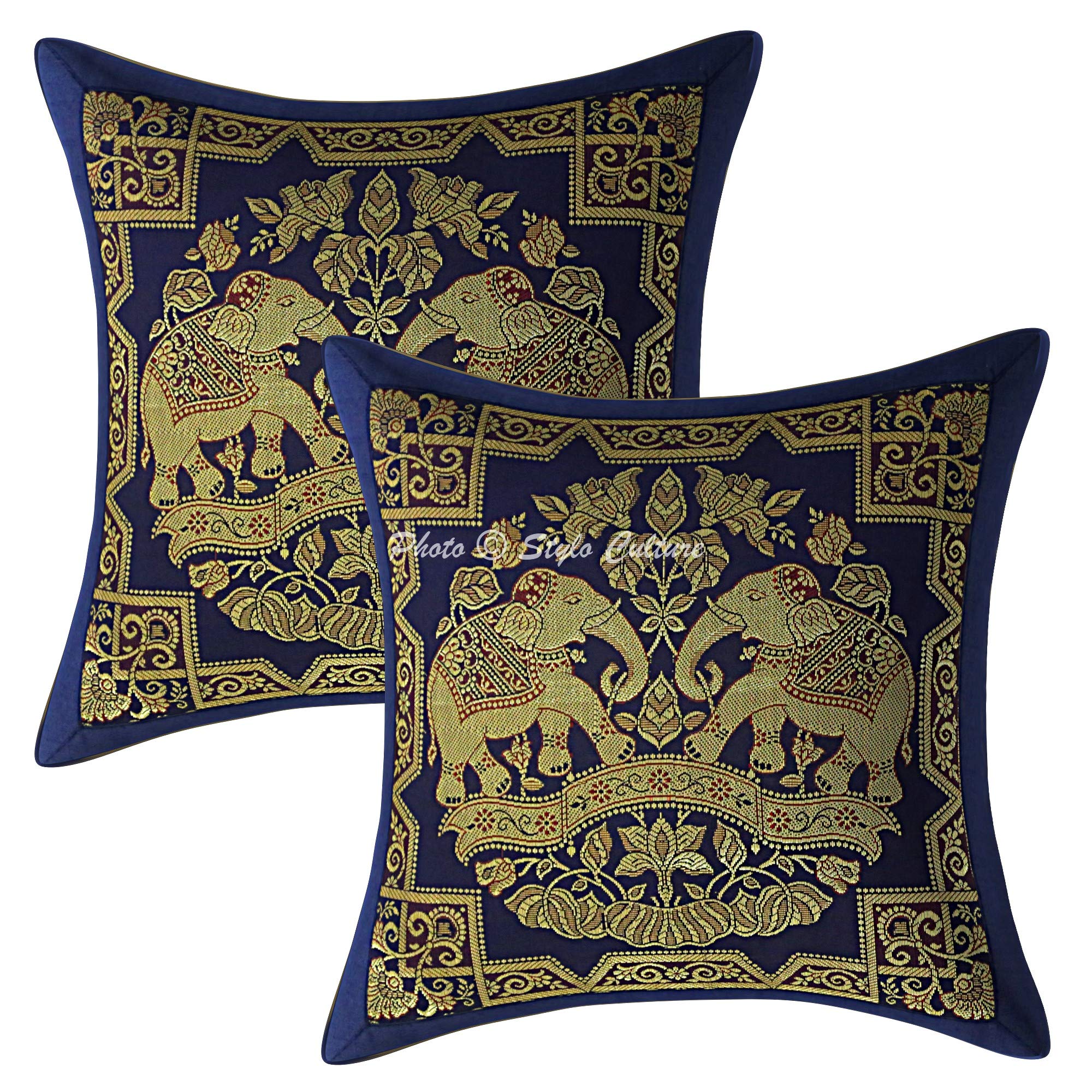 Stylo Culture Indian Brocade Decorative Cushion Covers 30 x 30 cm Navy Blue Gold Elephant 12x12 Inch Jacquard Square Living Room Floral Throw Pillow Cases - (Set Of 2 Pcs)