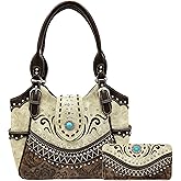 Rustic Western Floral Tooled Laser Cut Turquoise Concho Studded Tote Purse Bag Wallet Set