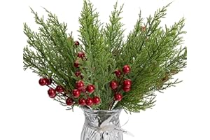 PURPLE STAR 1N 60 Pcs/Set Christmas 3D Artificial Pine Branches- 12.5 Inch Faux Evergreen Cedar Sprigs Branches- Fake Foliage Pine Needles Picks with Artificial Red Berry Stems for DIY Christmas Decoration
