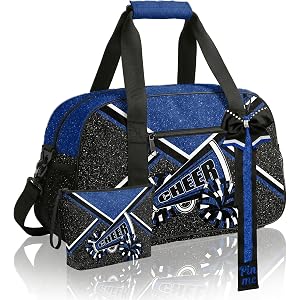 Cheer Duffel Bag with Makeup Bag & Bow Keychain, Cheerleading Gymnastics Bag for Women (Royal blue Glitter Print)