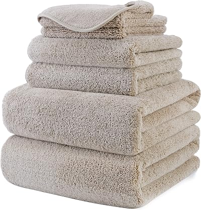 POLYTE Plush Quick Dry Lint Free Microfiber Bath Towel Set 6 Beige