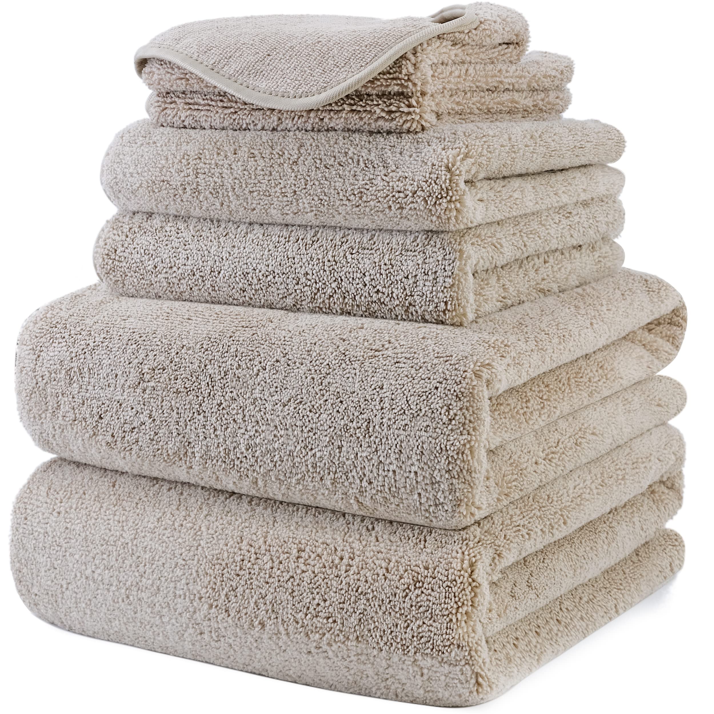 POLYTE Plush Quick Dry Lint Free Microfibre Bath Towel Set, 6 Pieces (Beige)