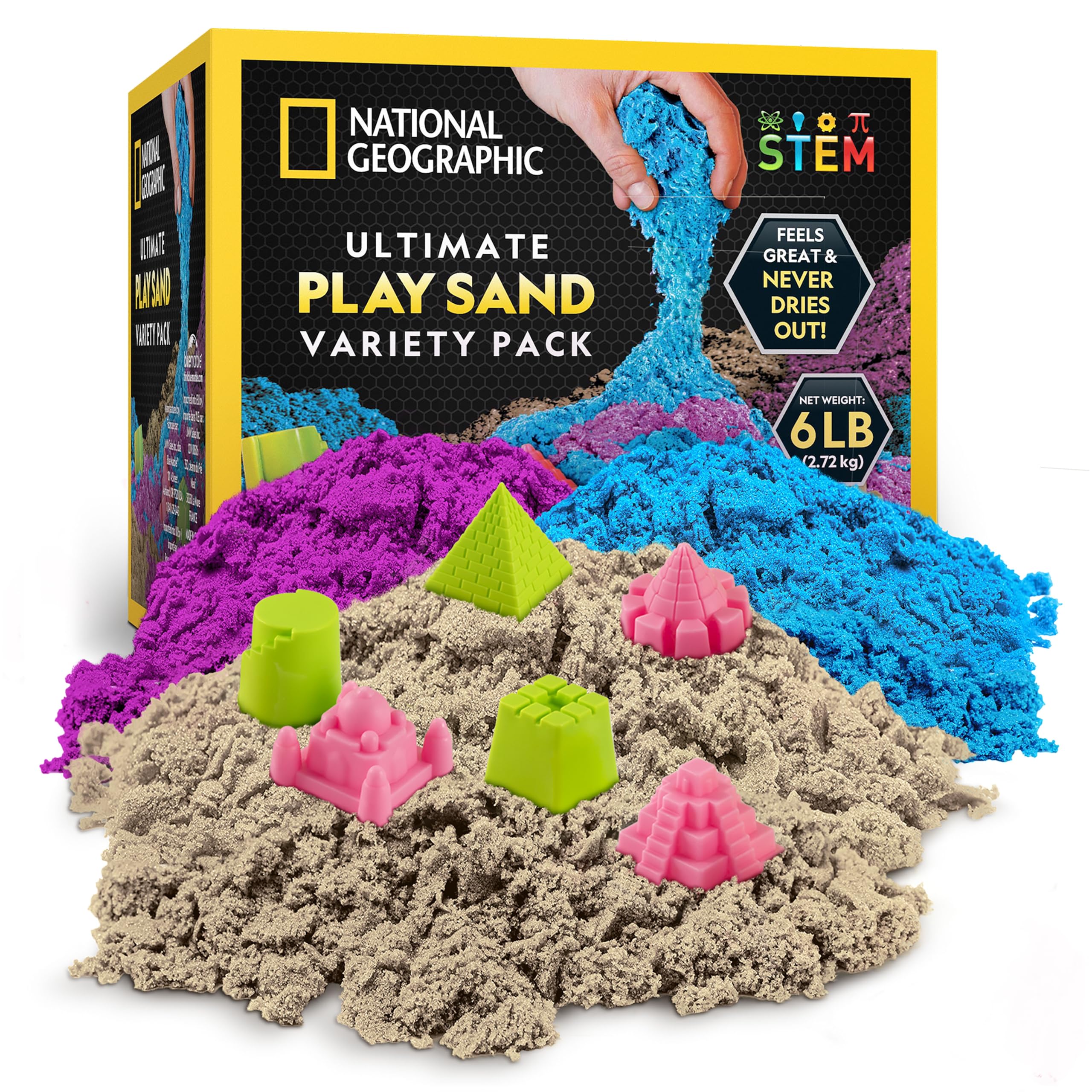 National Geographic 2.7 kg Play Sand Combo Pack - 907 g Each of Blue, Purple and Natural Sand with Castle Moulds - A Sensory Activity