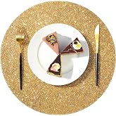 Blulu 1 Piece Round Rhinestone Placemat 15 Inch Glitter Sparkle Placemat Crushed Bling Place Mats Decorative Table Mats Washable for Christmas Kitchen Wedding Banquets Table Decoration (Gold)